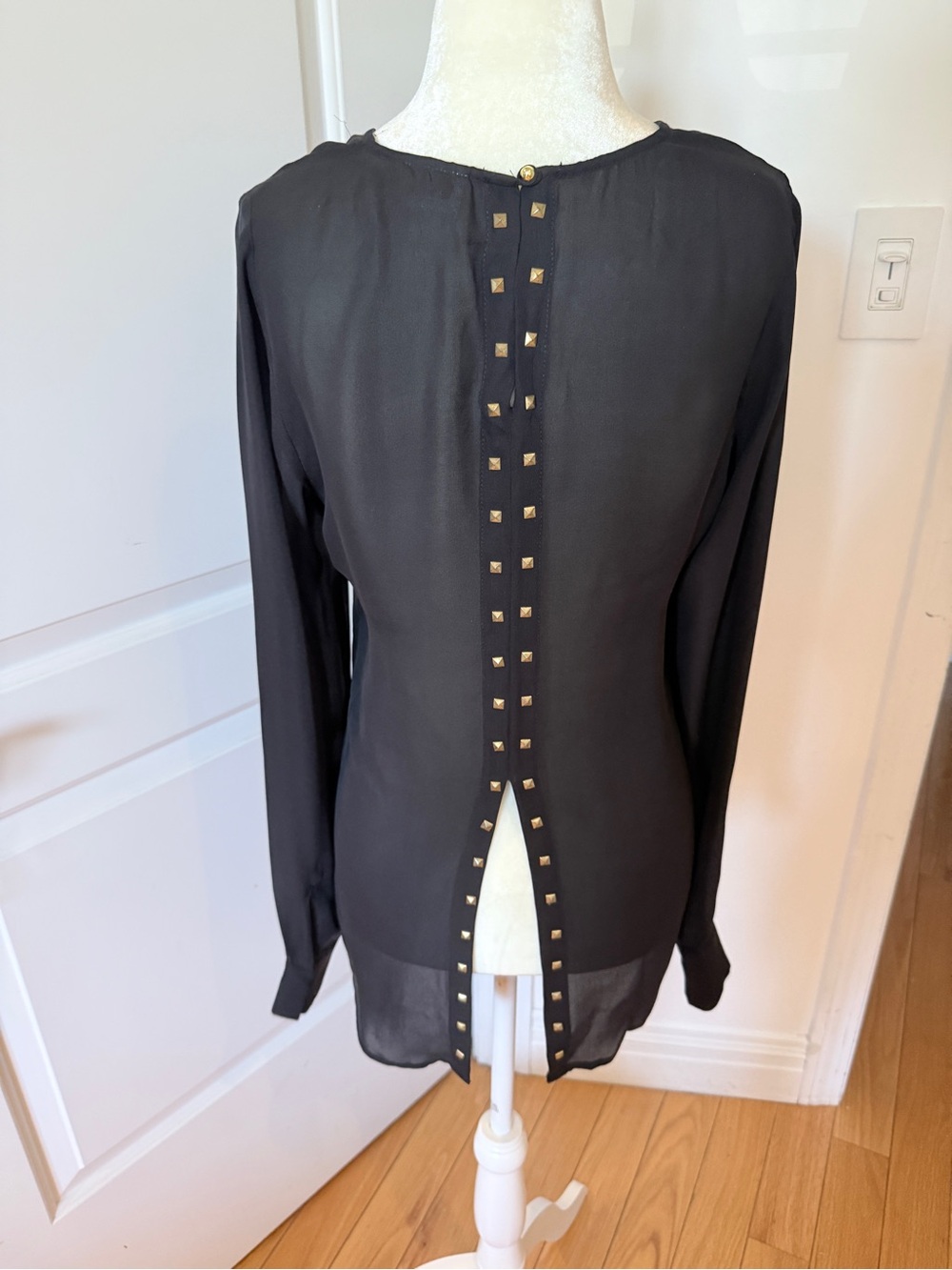 Parker Black Sheer Back-Studded Blouse with Gold Accents